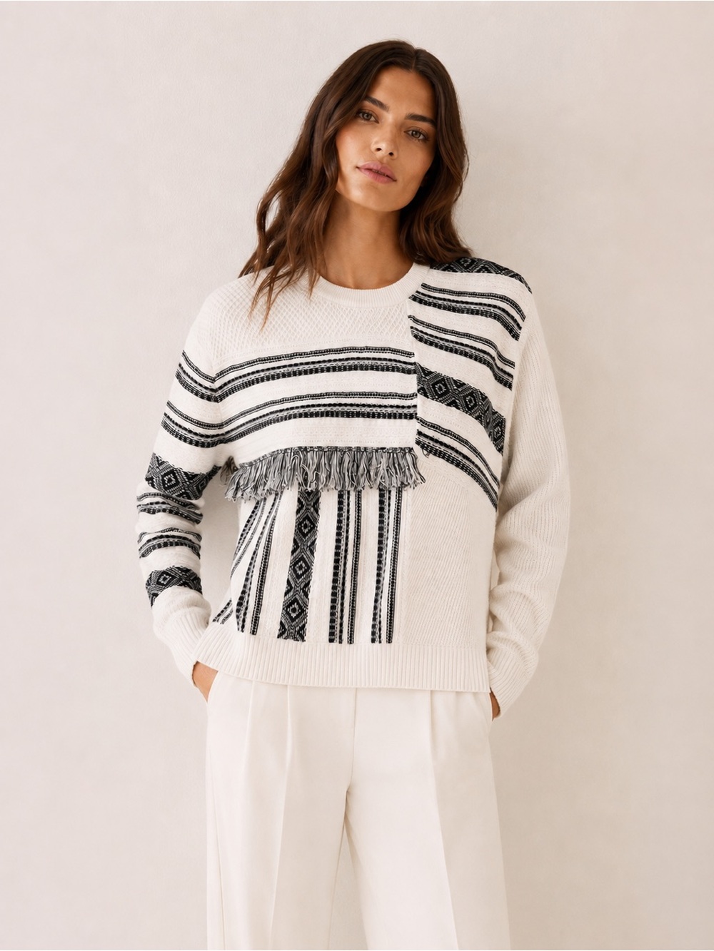 White + Warren Fringe Patchwork Fair Isle Knit Sweater White Black Size Large